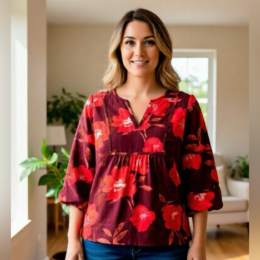 Sonoma Womens Corduroy Fall Floral Popover Top Boho Peasant Prairie Size PM